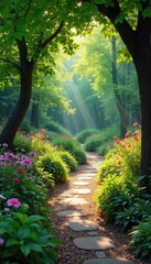 Obraz premium Sun-Dappled Path to a Hidden Oasis A Winding Stone Garden Path Leads Through Lush Greenery to a Tranquil Retreat