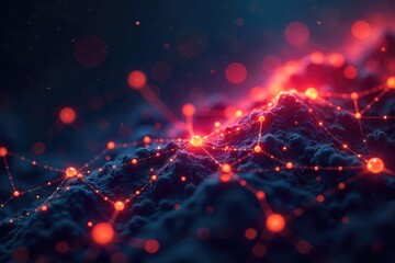 Obraz premium Abstract network of glowing nodes and connections forming a complex web, representing the interconnectedness of ideas and information in a digital thought landscape , abstract, concept