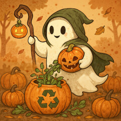 White ghost recycles vines in glowing pumpkin—eco-magic meets autumn charm in spooky style.