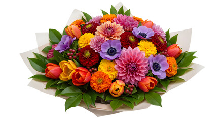 Obraz premium Bright mixed flower bouquet with tulips, dahlias, and anemones wrapped in white paper, perfect for gifts and special occasions