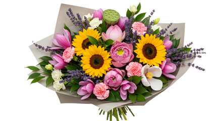 Obraz premium Bright sunflower and mixed flower bouquet with pink roses and carnations, perfect for gifts and special occasions