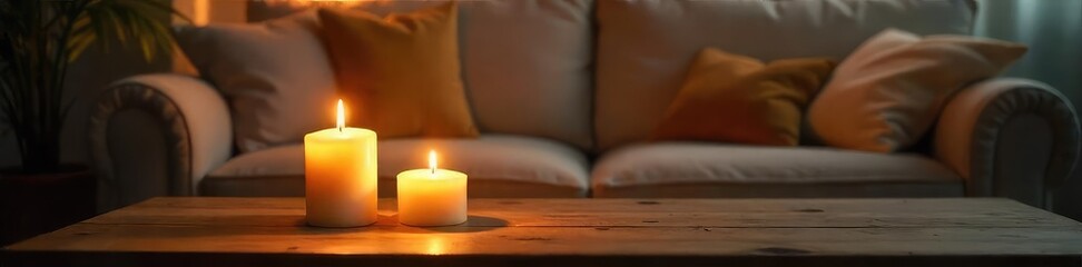 Cozy living room scene featuring three lit candles on a wooden table, soft lighting creating a warm and inviting atmosphere Perfect for blogs, websites, or home decor projects , dark, soft light