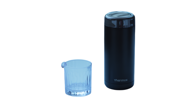 Insulated Bottle with Empty Glass on Table, Studio Shot, Beverage Container, Drinkware