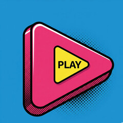 ポップアートスタイルで、「PLAY」の文字と網点模様が描かれた再生ボタンのイラスト。メディア、再生、ビデオ、音楽、ポップアート、デザイン、アート。