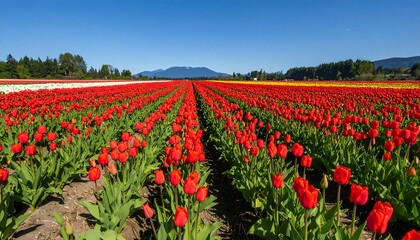 Red Tulip Field with Spring Landscape.