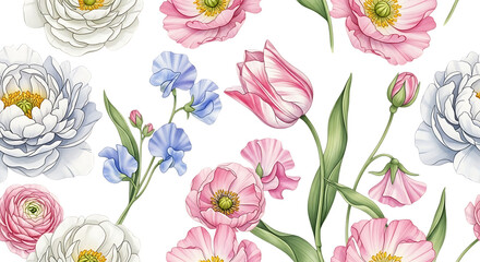 Delicate floral pattern featuring tulips, ranunculus, and sweet pea blossoms, perfect for textile design, wallpaper, and spring themed greeting cards or invitations.