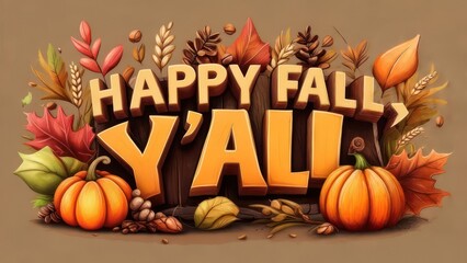 Festive "Happy Fall Y'all" Typography with Pumpkins, Leaves, and Autumnal Elements.