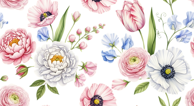 Delicate floral pattern featuring watercolor peonies, anemones, tulips, and sweet peas on a white background, ideal for textile design, wallpaper, or invitation backgrounds