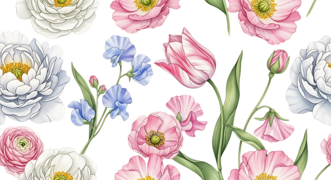 Delicate floral pattern featuring tulips, ranunculus, and sweet pea blossoms, perfect for textile design, wallpaper, and spring themed greeting cards or invitations.