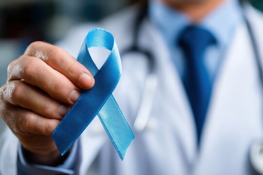 Doctor holding light blue ribbon, representing prostate cancer awareness, colon cancer awareness and chronic fatigue syndrome awareness - Powered by Adobe