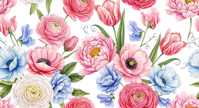 Elegant floral pattern with watercolor roses, tulips, and anemones for textile design, wallpaper, and creating backgrounds for invitations and greeting cards - Powered by Adobe
