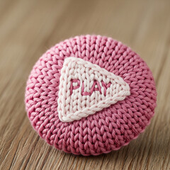 Knitted Play Button Photo. A Close-up Photo of a Pink Play Button Made from Knitting. Media, Playback, Video, Music, Knitting, Texture, Design.
