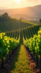 Rolling hills of vineyards bathed in golden sunlight, rows of grapevines stretching to the horizon, a picturesque winery scene at harvest time , leaves, wine, tranquil