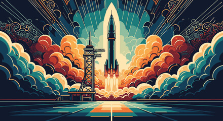 A vibrant, retro-futuristic illustration of a powerful rocket launching into the sky amidst colorful, stylized clouds.