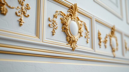 A close-up view of an ornate wall design featuring intricate gold detailing on a textured white background.