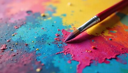 Fototapeta premium A paintbrush rests on a vibrant canvas, surrounded by scattered art supplies, symbolizing the creative process and artistic expression , watercolor, abstract, imagination