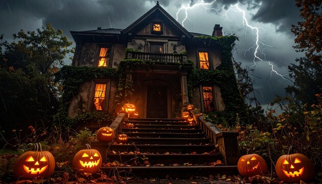 Creepy gothic mansion on a hill, surrounded by dark forest and glowing jack-o-lanterns during Halloween night.