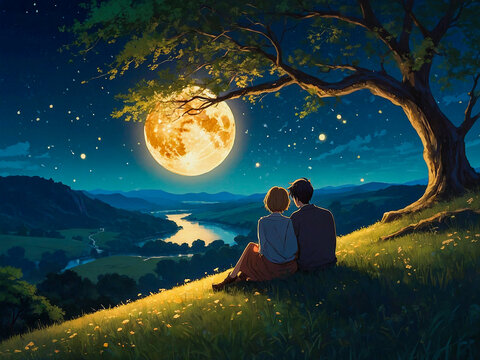 Romantic painting of moonlit night with tree and couple silhouette - Powered by Adobe