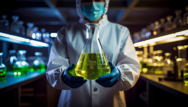 Cient&iacute;fico en laboratorio sosteniendo matraz con l&iacute;quido verde mostrando investigaci&oacute;n, biotecnolog&iacute;a y ciencia experimental