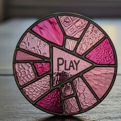 Stained Glass Pink Play Button Photo. Close-up of a Pink Play Button with Stained Glass-like Geometric Patterns and "PLAY" Text. Media, Playback, Video, Music, Art, Design.
