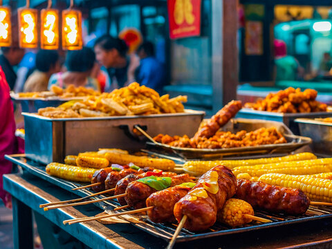 Street food stall showing grilled sausages with skewers on display