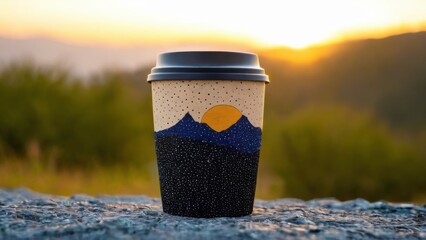 Papercup with unique yellow triangle design on rocky surface against sunset landscape backdrop
