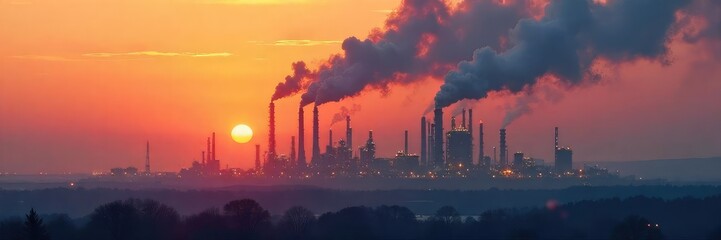 Obraz premium Thick, hazy smog hangs heavy over an industrial oil refinery complex at sunset, polluting the air The scene depicts environmental consequences of oil production , refinery, emissions, pipelines