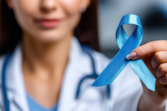 Doctor holding blue ribbon, representing prostate cancer awareness and men's health, in a medical setting