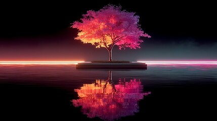 Glowing pink neon tree reflection in water high resolution Wallpaper