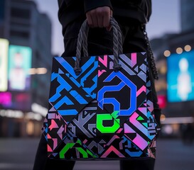  urban street-style paper bag with bold geometric prints, reflective neon ink, edgy origami folds, strong biofiber handles, futuristic street fashion look.