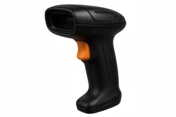 Black handheld barcode scanner featuring orange trigger, scanning products and managing inventory against transparent backdrop