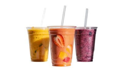 Refreshing Fruit Smoothies in Plastic Cups with Straws