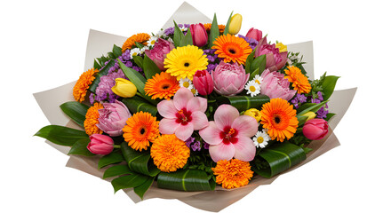 Obraz premium Colorful bouquet of assorted flowers including tulips, gerberas, orchids, and marigolds with green leaves, perfect for gifts and celebrations