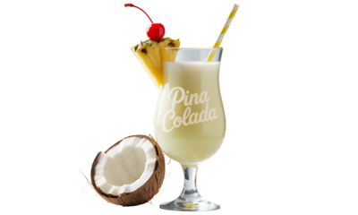 Refreshing Pina Colada Cocktail in Hurricane Glass with Pineapple and Coconut Garnish