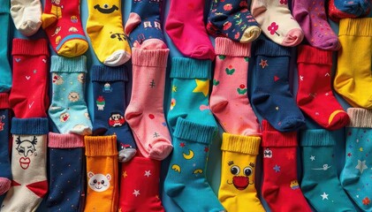 Fototapeta premium A playful arrangement of mismatched socks creating a humorous, unexpected pattern Perfect for quirky home decor, blog posts about oddity, or whimsical design concepts , joyful, odd