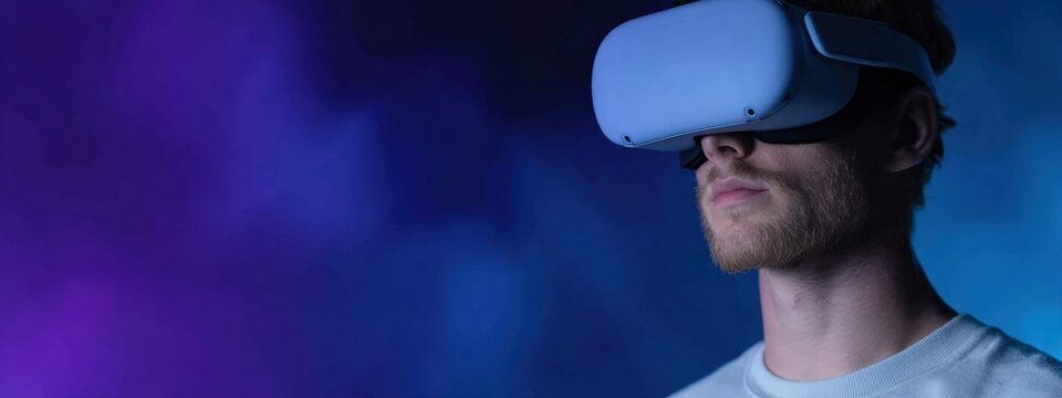 Young man immersed in virtual reality while wearing a VR headset, exploring the limitless possibilities of the metaverse
