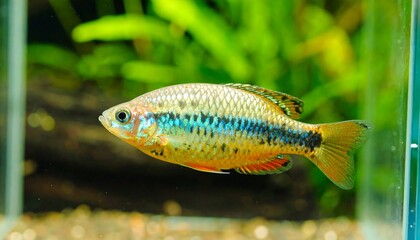 A small, colorful fish swims in a planted aquarium (1)