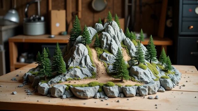 Miniature mountain model in workshop, perfect for dioramas or landscaping projects, hobby craft