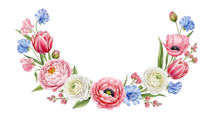 Exquisite floral crescent arrangement featuring tulips, peonies, and ranunculus perfect for wedding invitations, greeting cards, and spring themed design projects.