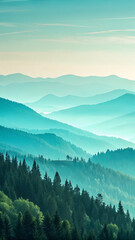 Obraz premium Layered mountain range with misty valleys and pine forest foreground full hd 4k stock image download