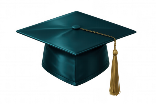 Teal graduation cap featuring gleaming gold tassel, symbolizing academic success and educational milestone against transparent backdrop - Powered by Adobe
