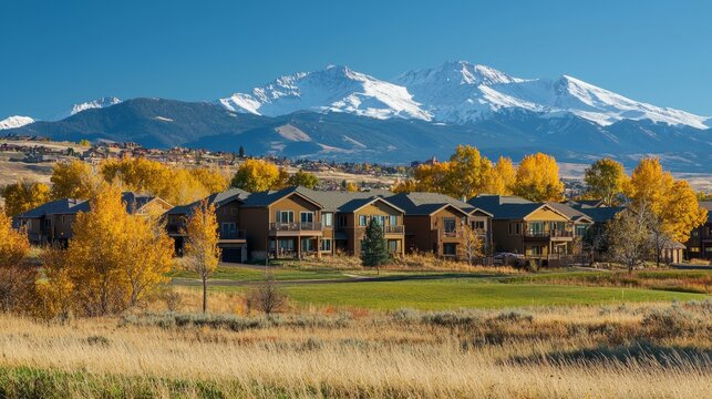 Residential neighborhood in Colorado at autumn, USA. Mount Sopris landscape.