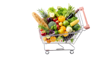 Shopping Cart Overloaded with Fresh Fruits and Vegetables, White Background