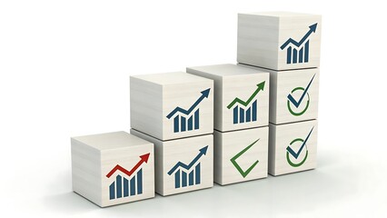 Stacked white cubes displaying upward trending graphs and checkmarks on a white background blocks