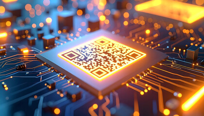 Digital Gateway: A close-up shot of a vibrant glowing QR code, representing the essence of digital connection and technology, rendered in stunning detail.