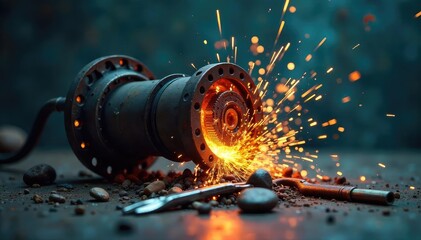 A broken down machine, sparking wires and scattered tools symbolize the potential energy trapped within failure, a source of power for innovation and future success , grit, perseverance