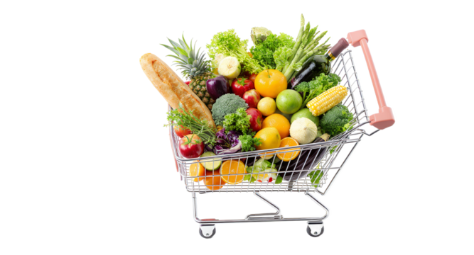 Shopping Cart Overloaded with Fresh Fruits and Vegetables, White Background