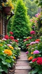 Naklejka premium A charming, compact garden bursting with colorful flowers and lush greenery, perfect for a small outdoor space Ideal for a bachelor pad, apartment balcony, or courtyard , stylish garden, blooming