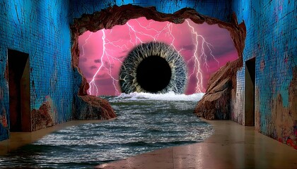 Surreal Gateway with Giant Eye, Lightning Storm, and Ocean in Ruined Interior