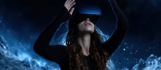 Woman wearing a VR headset, immersing in a vibrant virtual reality world, actively exploring the expansive metaverse universe